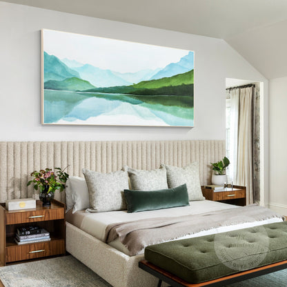 Green Watercolor Mountain Landscape Painting: Extra Large Wall Art #1