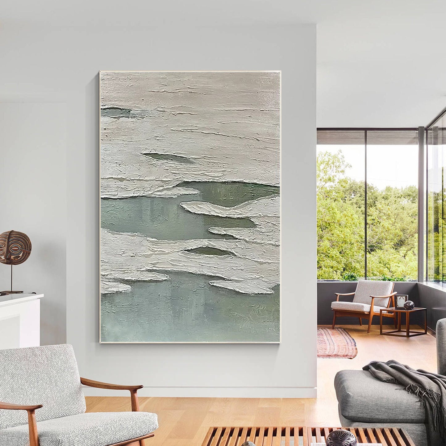 Green White 3D Texture Painting: Original Minimalist Canvas Wall Art #2