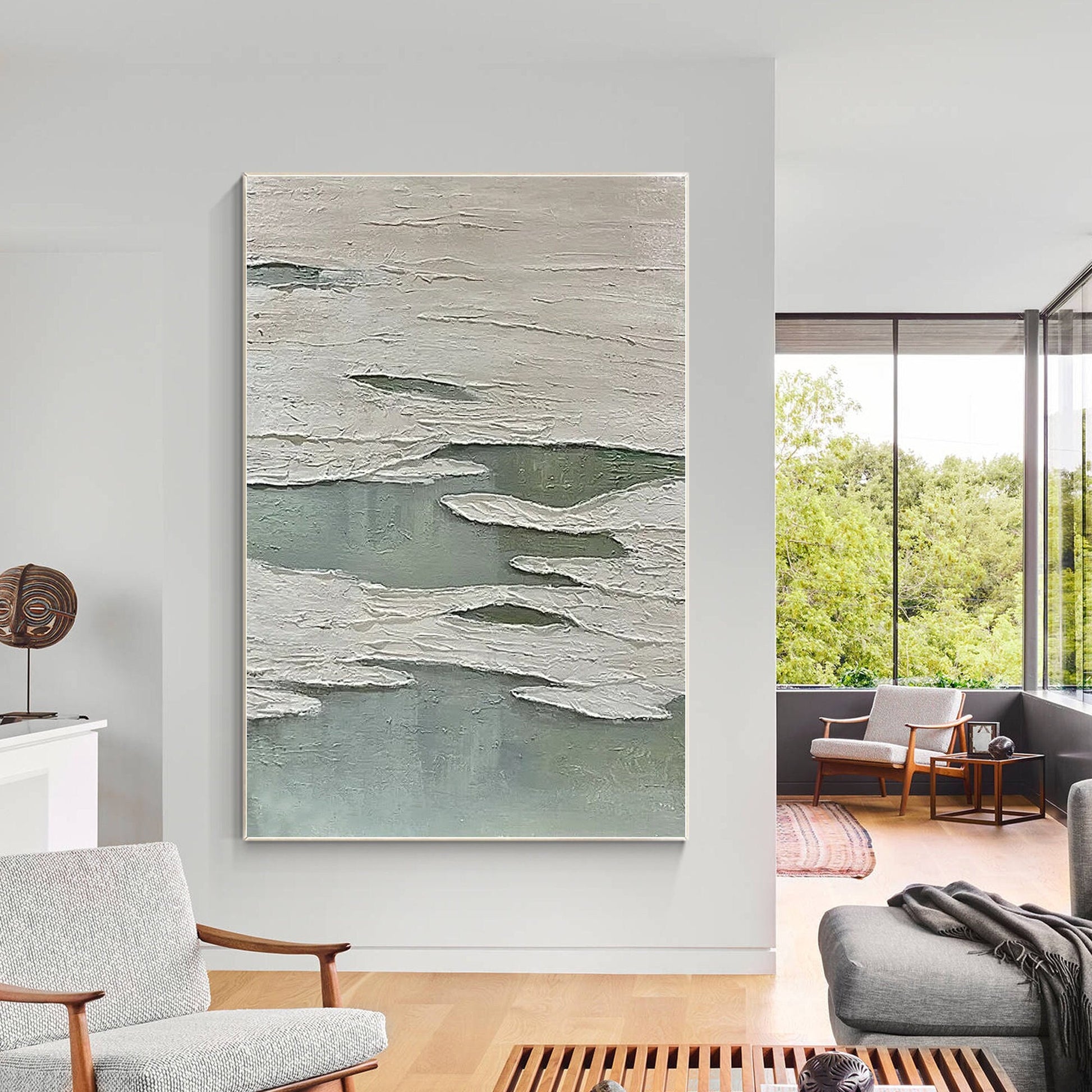 Green White 3D Texture Painting: Original Minimalist Canvas Wall Art #2