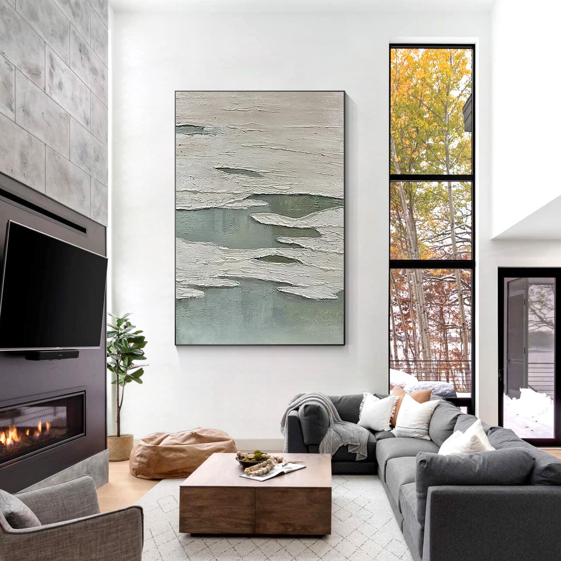 Green White 3D Texture Painting: Original Minimalist Canvas Wall Art #4