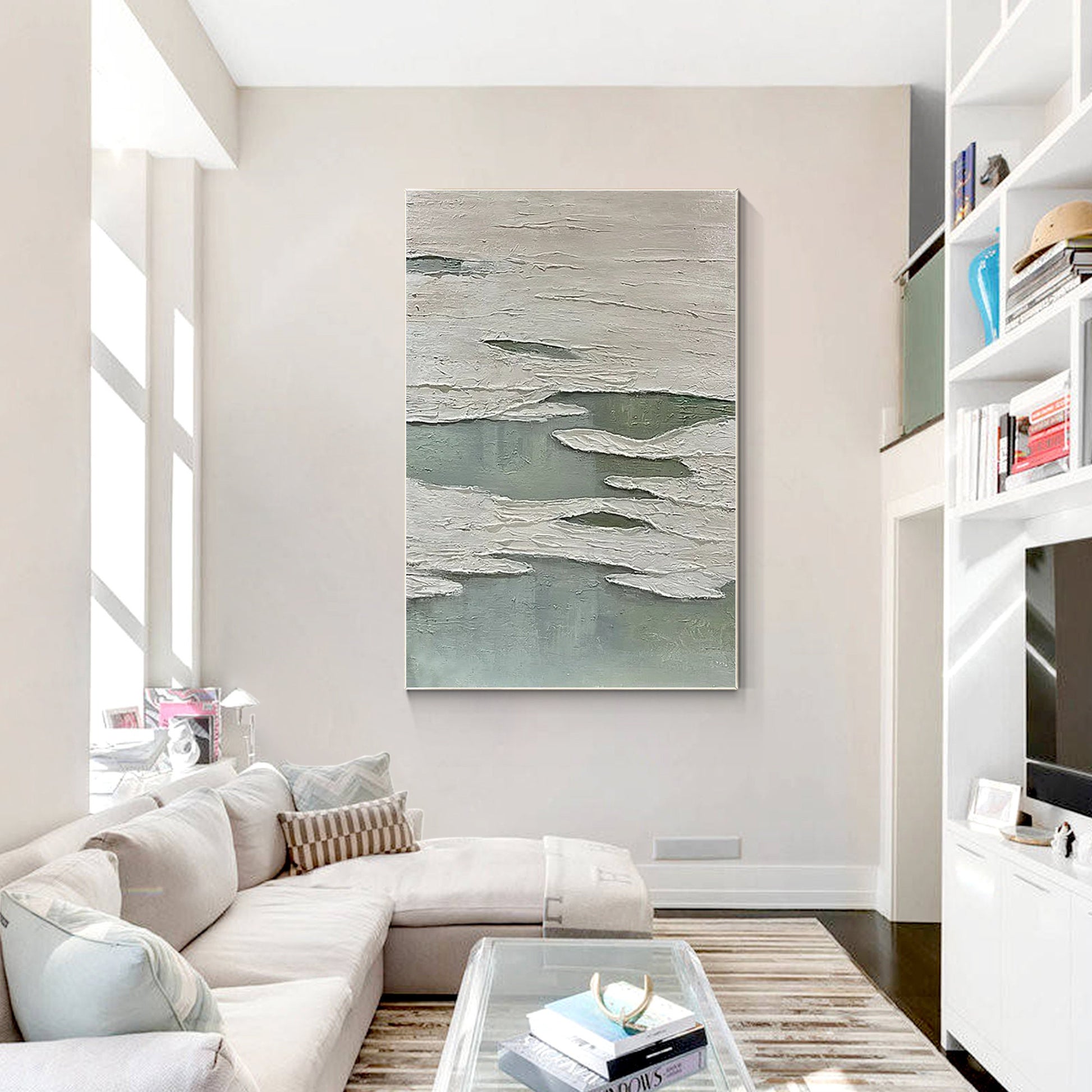 Green White 3D Texture Painting: Original Minimalist Canvas Wall Art #5