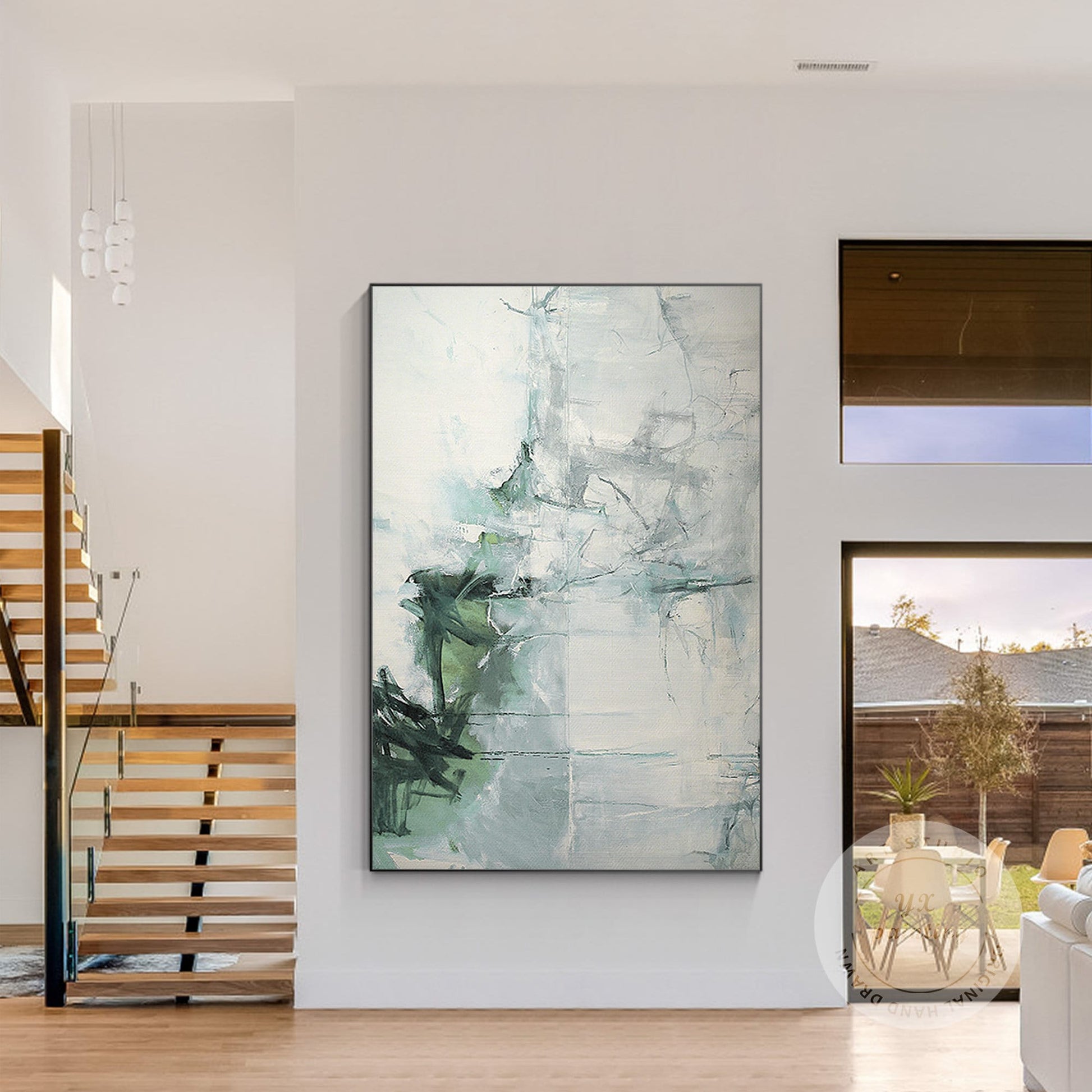 Green & White Abstract Painting on Canvas: Textured Extra Large Wall Art #2