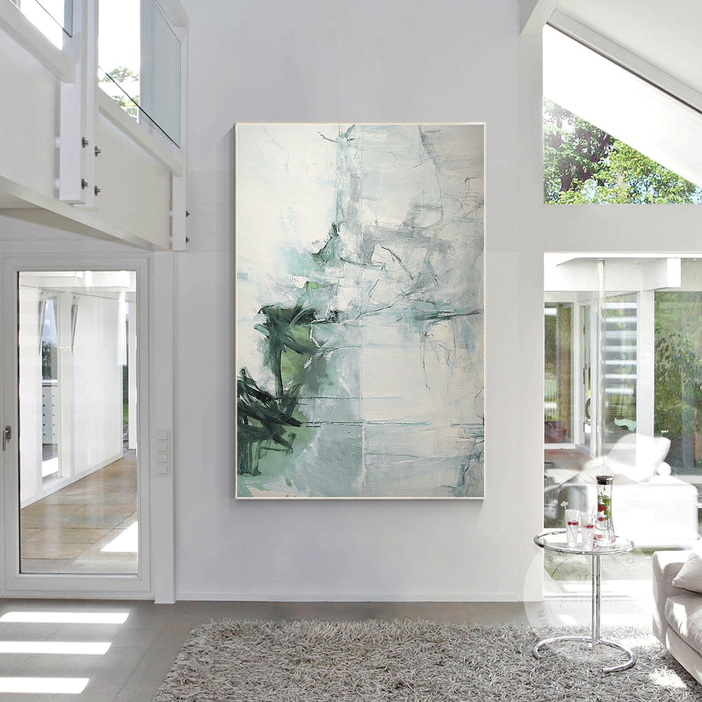 Green & White Abstract Painting on Canvas: Textured Extra Large Wall Art #1