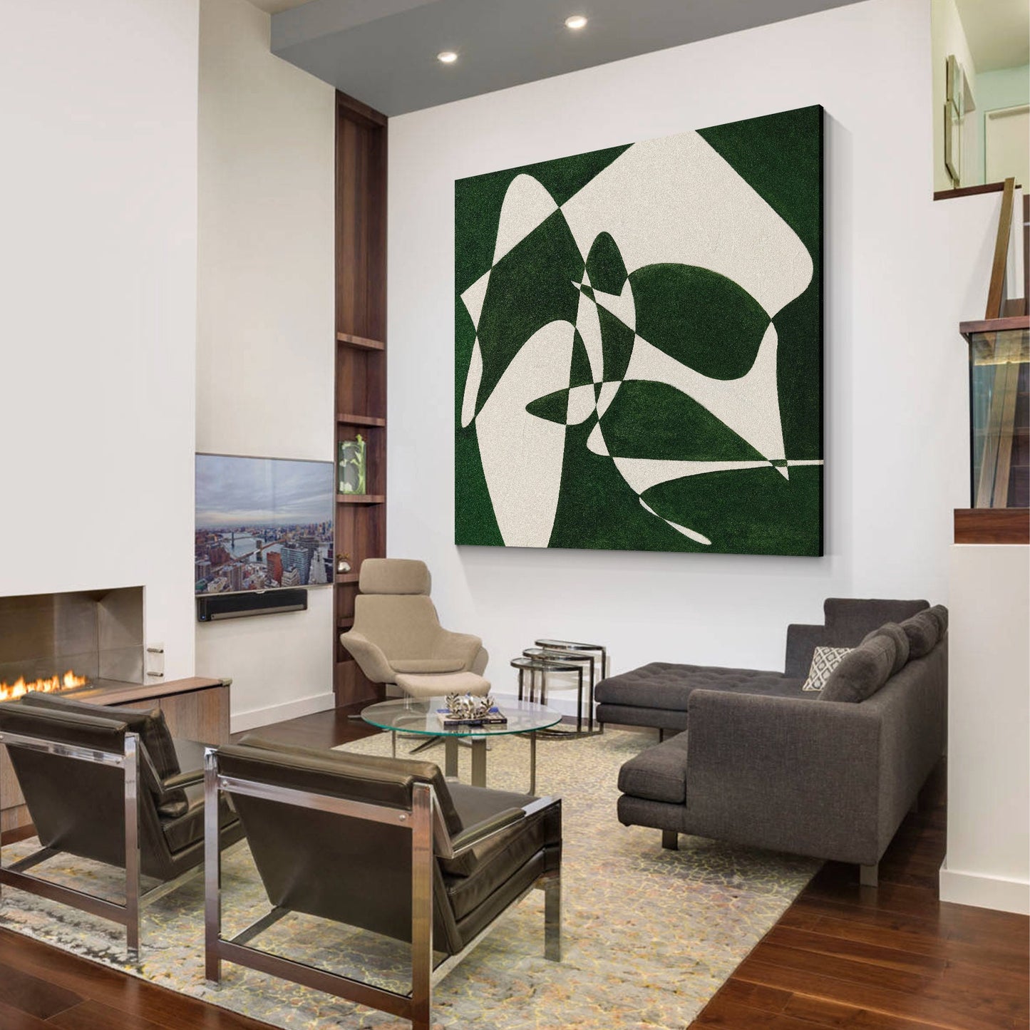 Green White Geometric Painting: Minimalist Square Canvas Wall Art #2