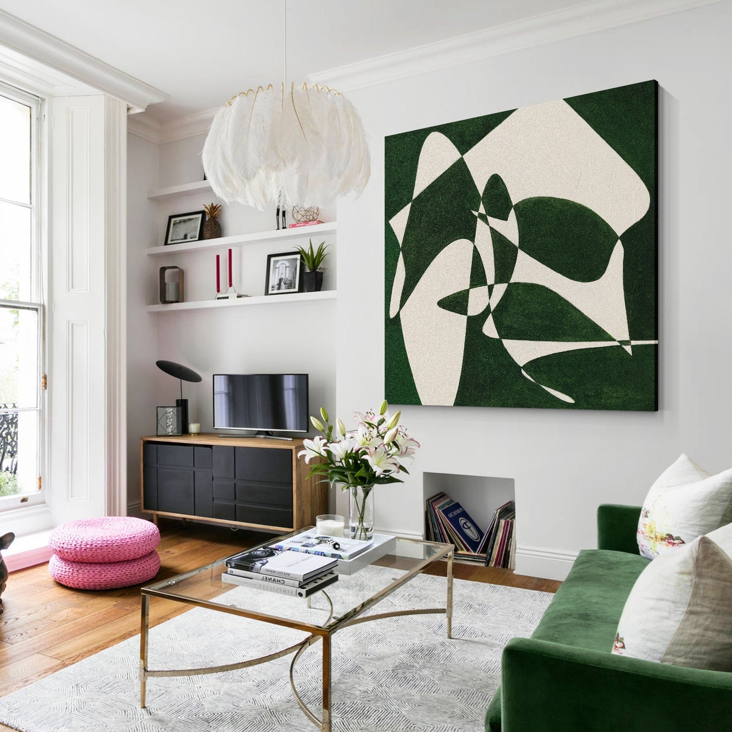 Green White Geometric Painting: Minimalist Square Canvas Wall Art #4