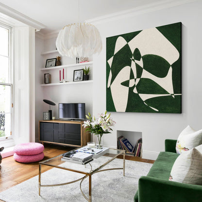 Green White Geometric Painting: Minimalist Square Canvas Wall Art #4