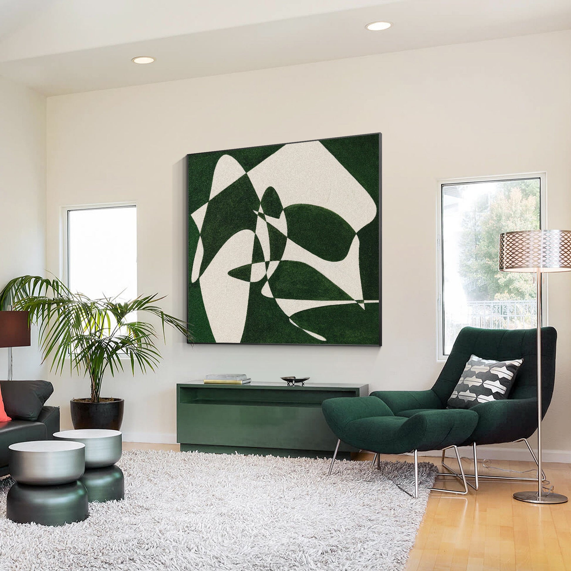 Green White Geometric Painting: Minimalist Square Canvas Wall Art #6