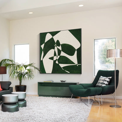 Green White Geometric Painting: Minimalist Square Canvas Wall Art #6