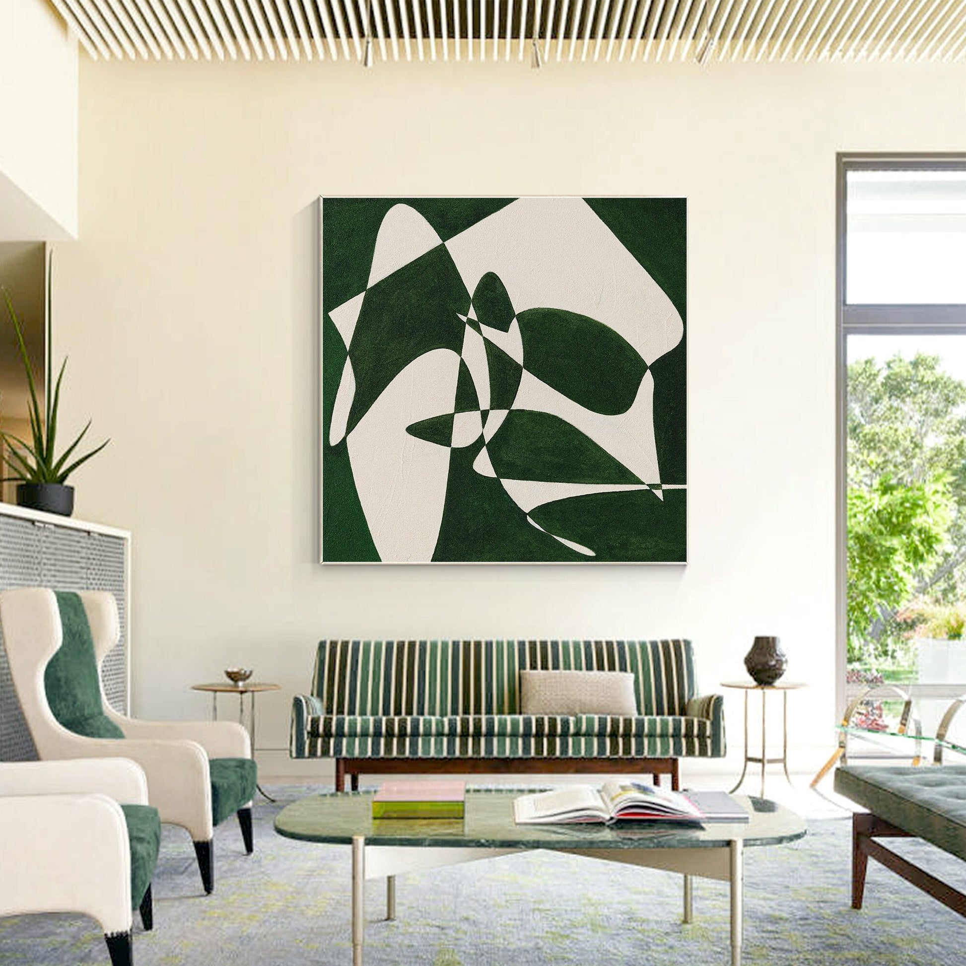 Green White Geometric Painting: Minimalist Square Canvas Wall Art #1