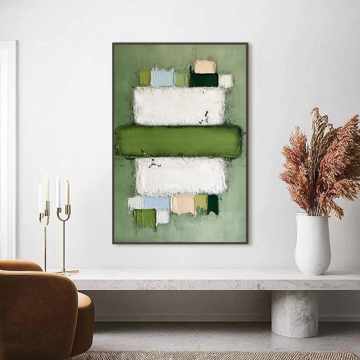 GREENFIELD ARENA: Textured Abstract Sports Painting with Minimalist Green Tones | Minimalist closeup, raised brushwork detail