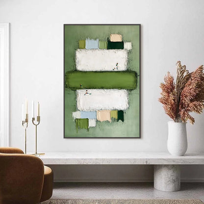 GREENFIELD ARENA: Textured Abstract Sports Painting with Minimalist Green Tones | Minimalist closeup, raised brushwork detail