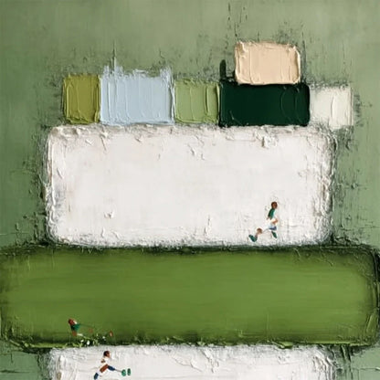 GREENFIELD ARENA: Textured Abstract Sports Painting with Minimalist Green Tones | rectangular format, hand-painted canvas edge