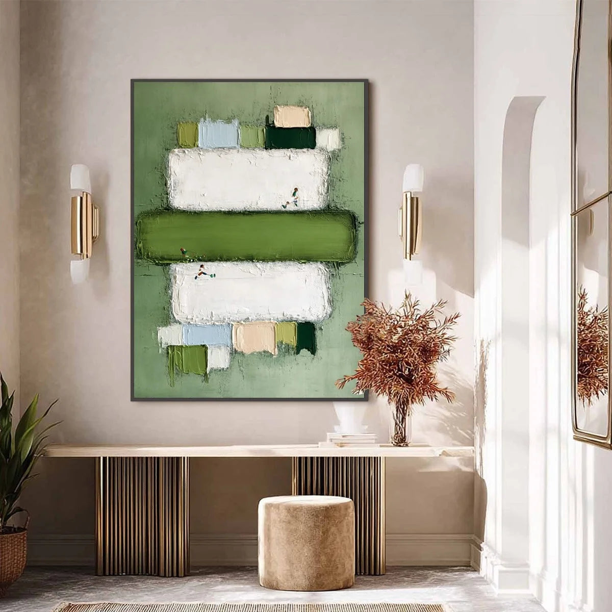 GREENFIELD ARENA: Textured Abstract Sports Painting with Minimalist Green Tones | gold frame stretched on neutral wall