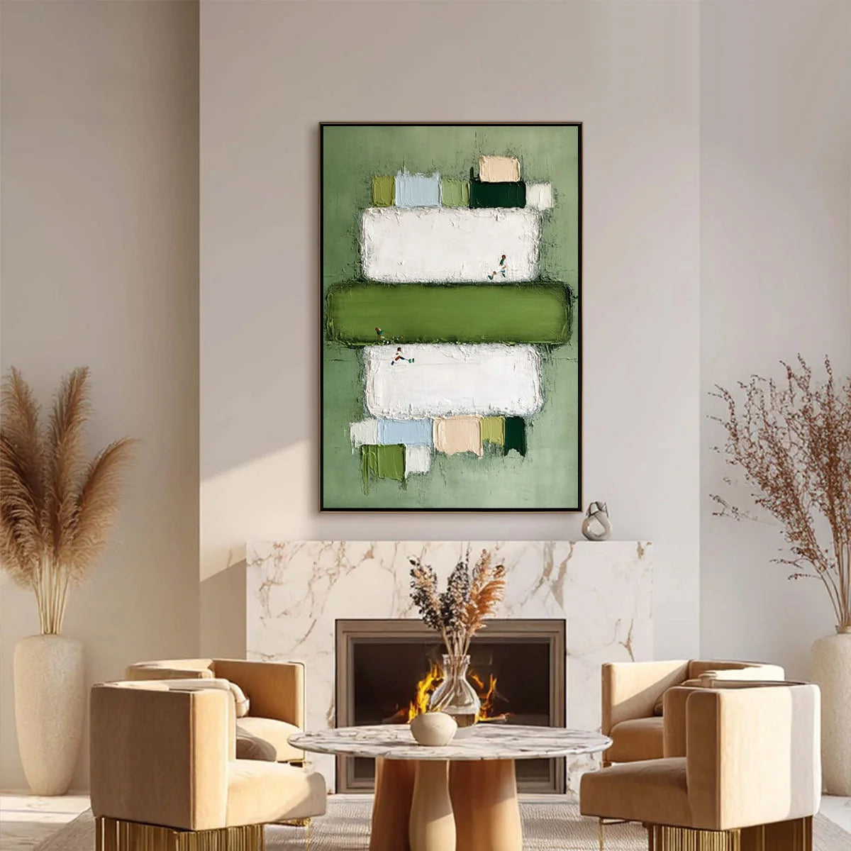 GREENFIELD ARENA: Textured Abstract Sports Painting with Minimalist Green Tones | black frame version on white wall