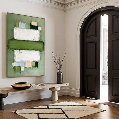 GREENFIELD ARENA: Textured Abstract Sports Painting with Minimalist Green Tones | green palette, original oil on stretched canvas art