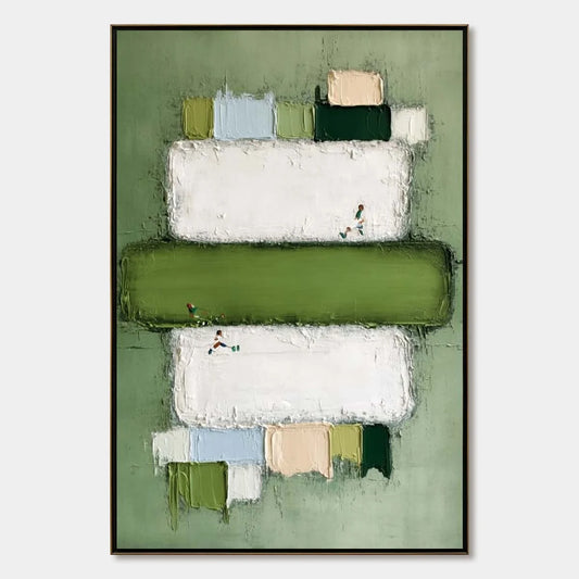 GREENFIELD ARENA: Textured Abstract Sports Painting with Minimalist Green Tones | hanging in living room, Minimalist wall art