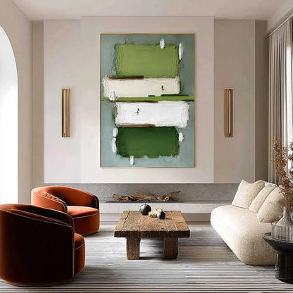 GREENFIELD DASH: Textured Abstract Sports Painting in Green and White | Abstract closeup, raised brushwork detail