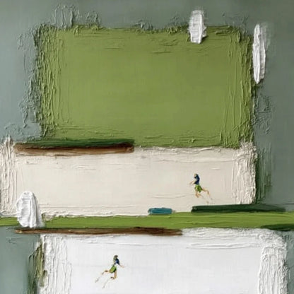 GREENFIELD DASH: Textured Abstract Sports Painting in Green and White | rectangular format, hand-painted canvas edge