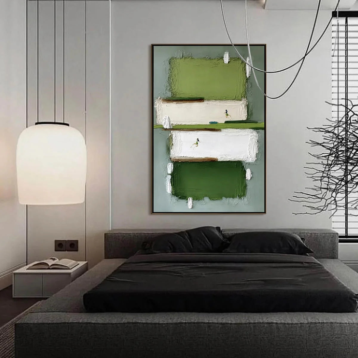 GREENFIELD DASH: Textured Abstract Sports Painting in Green and White | gold frame stretched on neutral wall
