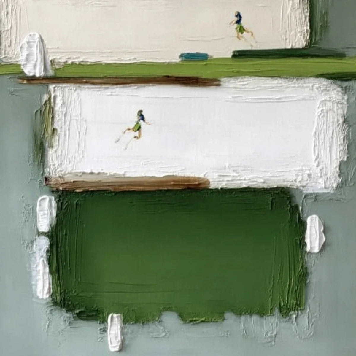 GREENFIELD DASH: Textured Abstract Sports Painting in Green and White | rolled canvas, ready for custom framing