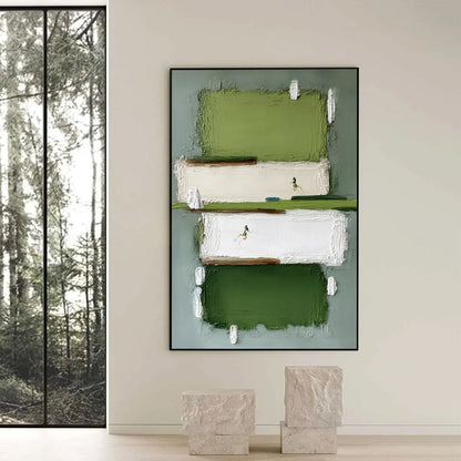 GREENFIELD DASH: Textured Abstract Sports Painting in Green and White | black frame version on white wall