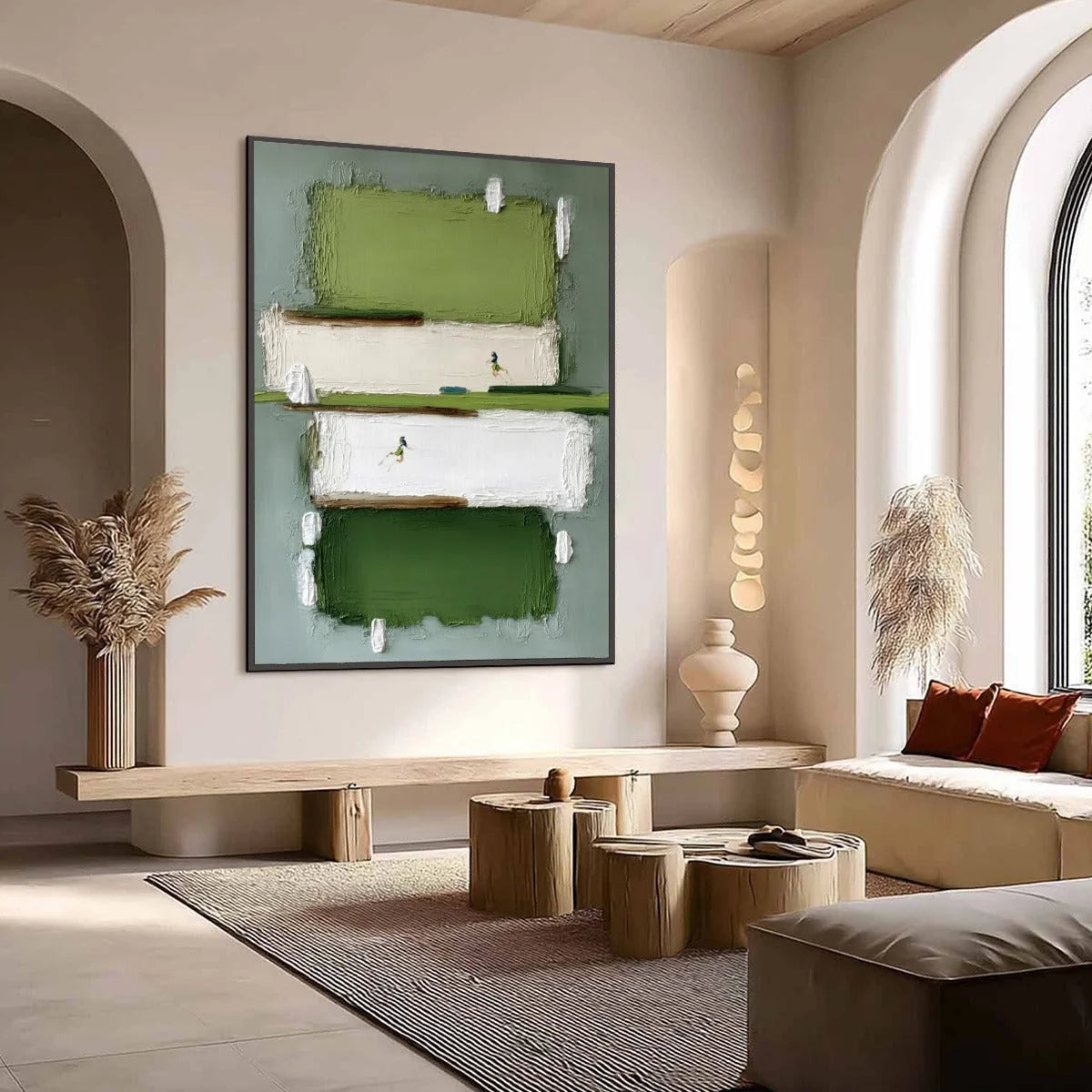 GREENFIELD DASH: Textured Abstract Sports Painting in Green and White | Abstract mood, soft natural light studio shot