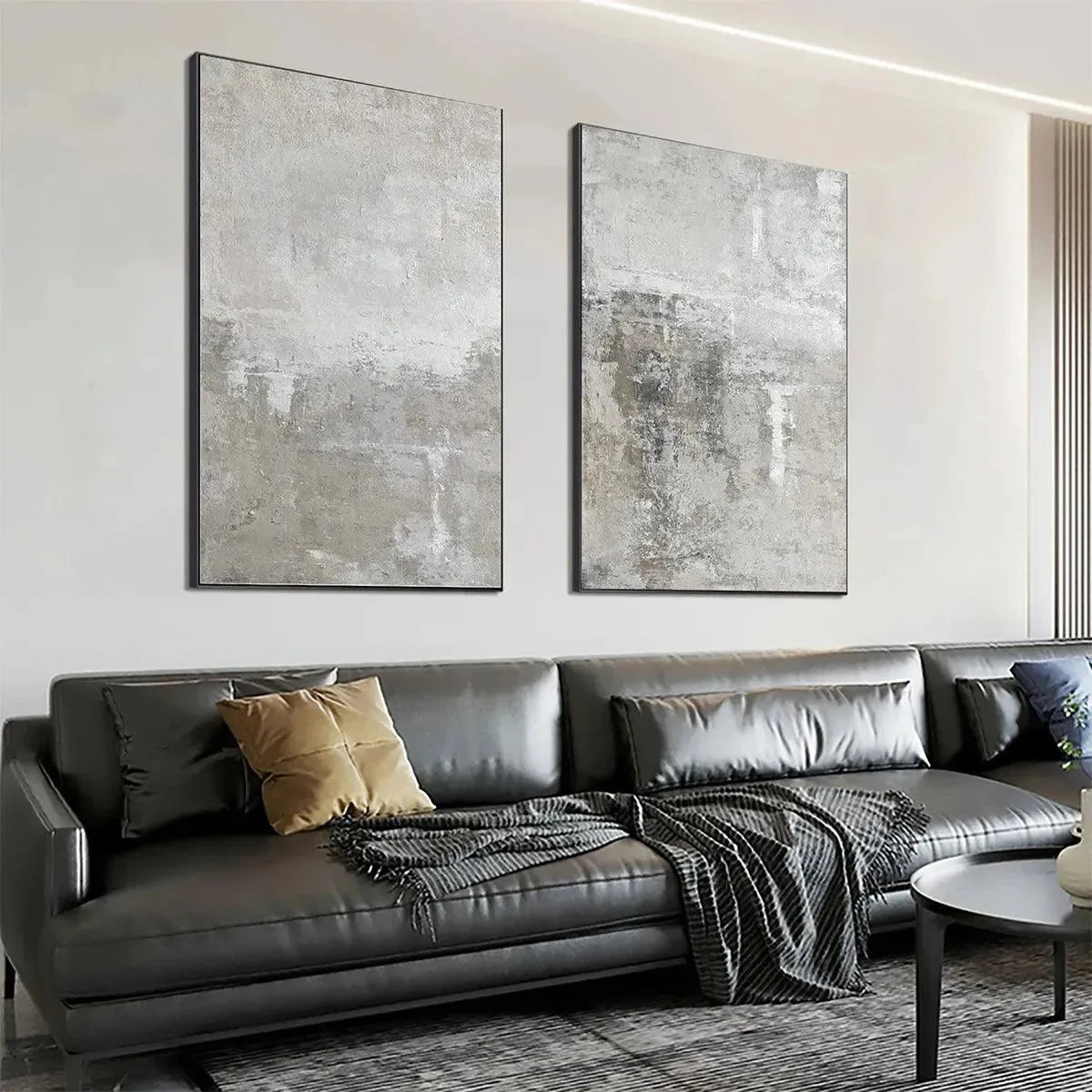 GREY ABSTRACT TEXTURED DIPTYCH: Textured Abstract Painting Set of 2, Vertical Wall Art | rectangular format, hand-painted canvas edge