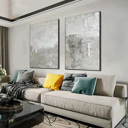 GREY ABSTRACT TEXTURED DIPTYCH: Textured Abstract Painting Set of 2, Vertical Wall Art | rolled canvas, ready for custom framing