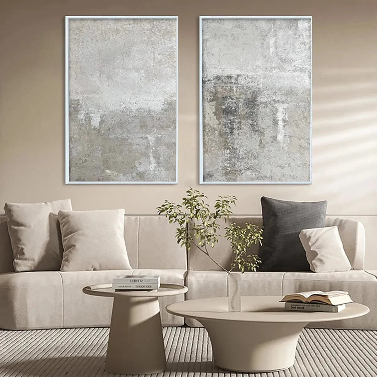 GREY ABSTRACT TEXTURED DIPTYCH: Textured Abstract Painting Set of 2, Vertical Wall Art | black frame version on white wall