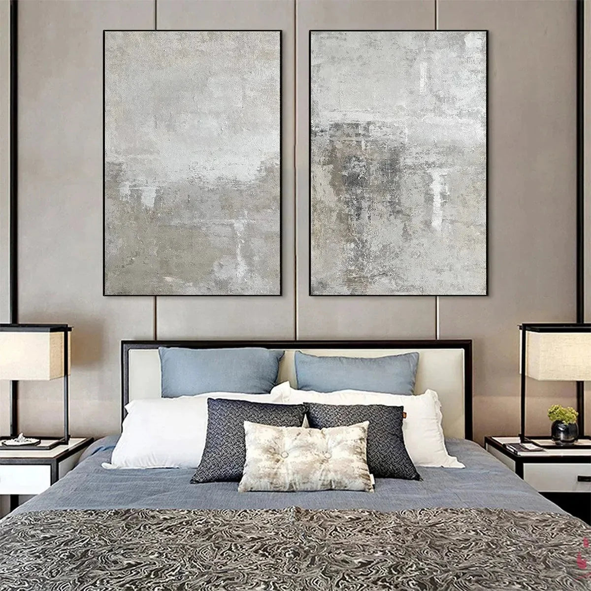 GREY ABSTRACT TEXTURED DIPTYCH: Textured Abstract Painting Set of 2, Vertical Wall Art | beige palette, original oil on stretched canvas art