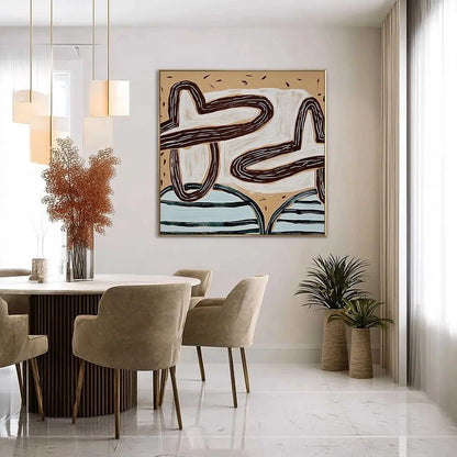 GROUNDED FLOW: Wabi Sabi Inspired Abstract Painting with Earthy Tones | gold frame stretched on neutral wall