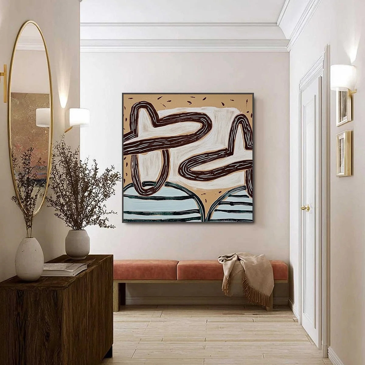 GROUNDED FLOW: Wabi Sabi Inspired Abstract Painting with Earthy Tones | black frame version on white wall