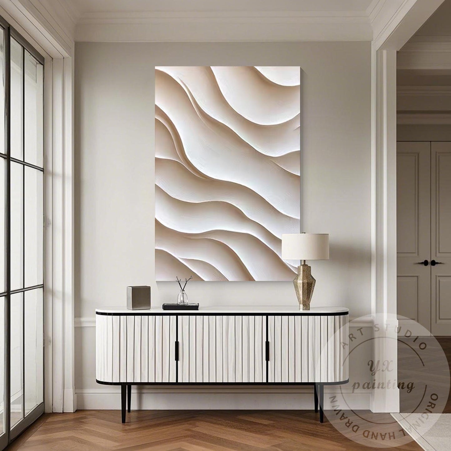 Hand Carved 3D Wood Abstract Wall Art, Neutral Beige Textured Wood Panel, Modern #3