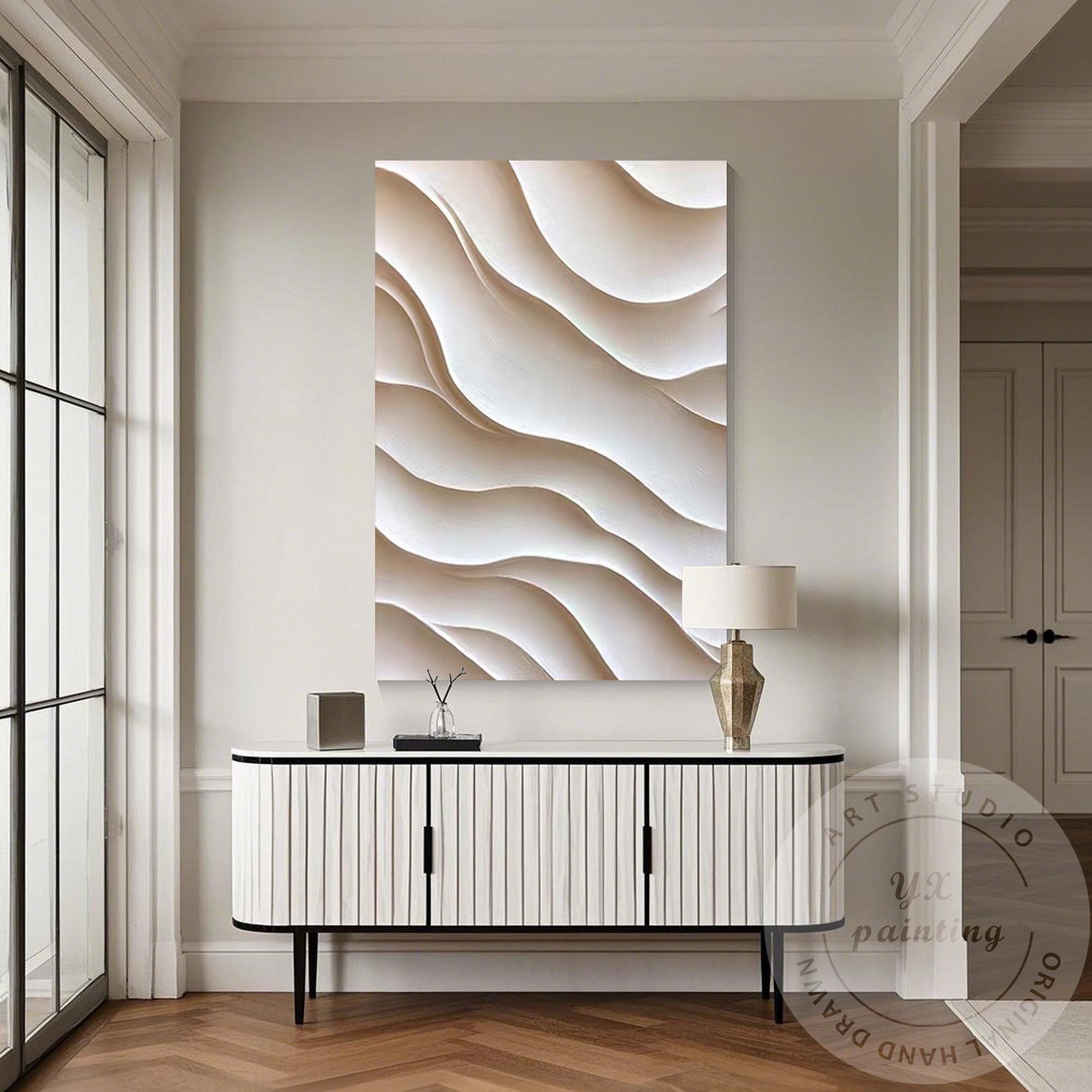 Hand Carved 3D Wood Abstract Wall Art, Neutral Beige Textured Wood Panel, Modern #3