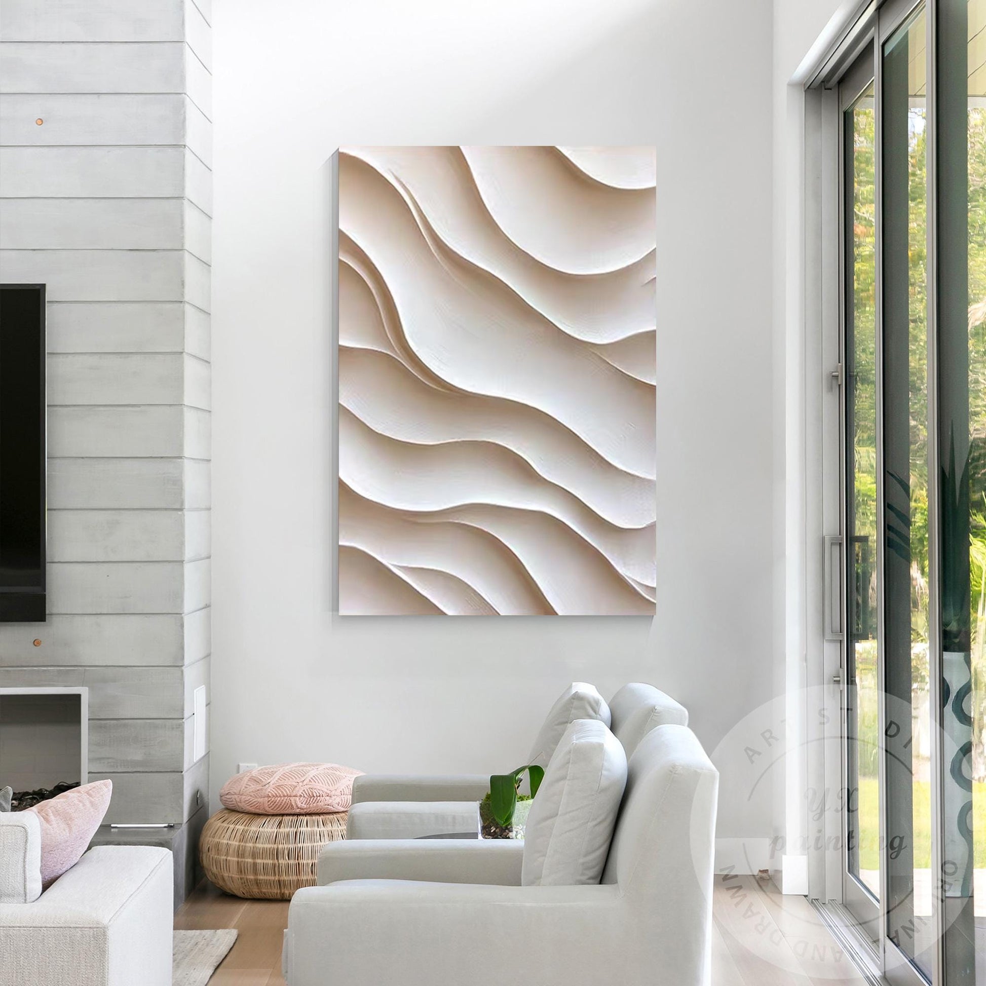Hand Carved 3D Wood Abstract Wall Art, Neutral Beige Textured Wood Panel, Modern #4