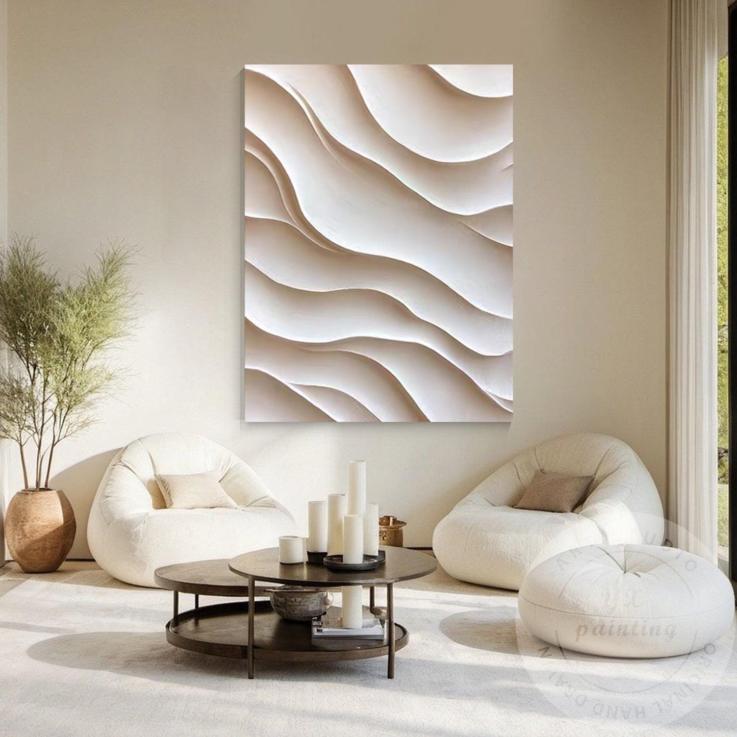 Hand Carved 3D Wood Abstract Wall Art, Neutral Beige Textured Wood Panel, Modern #1