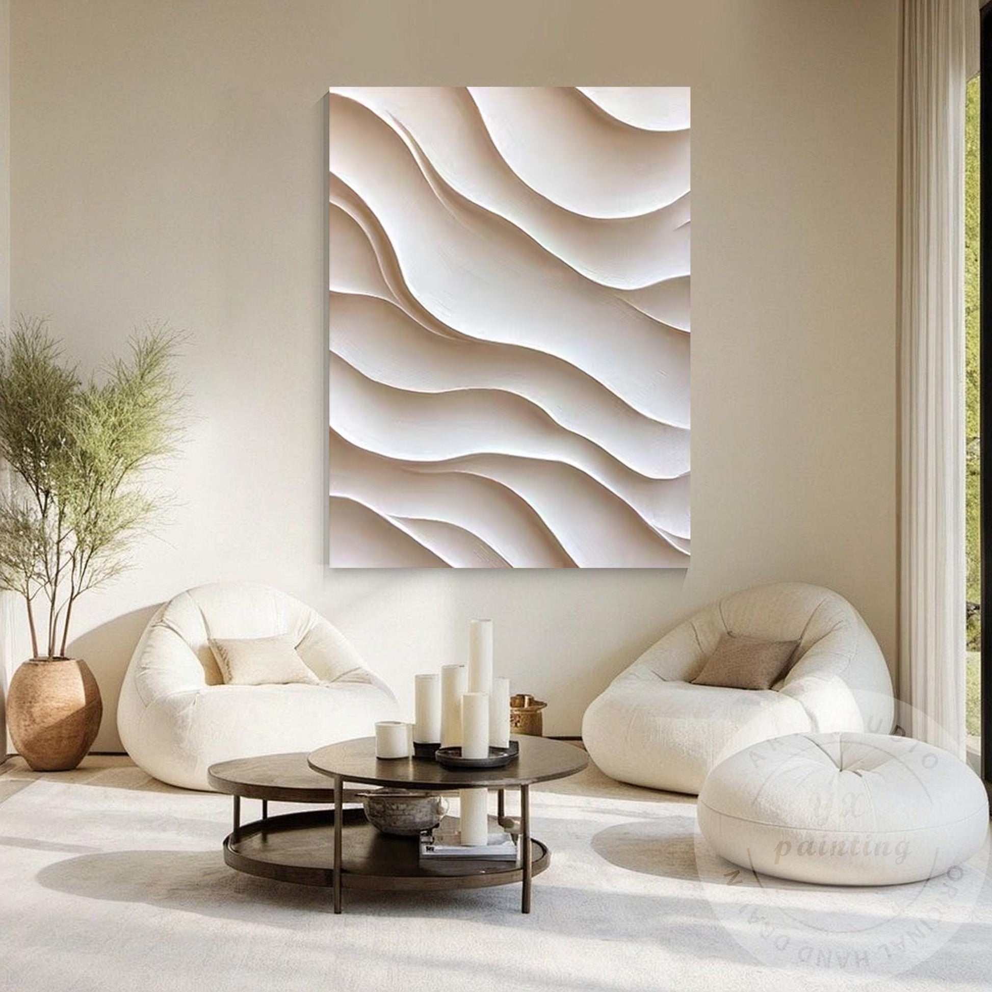 Hand Carved 3D Wood Abstract Wall Art, Neutral Beige Textured Wood Panel, Modern #1