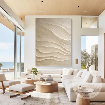 Hand Carved 3D Wood Abstract Wall Art, Neutral Beige Textured Wood Panel, Modern #2