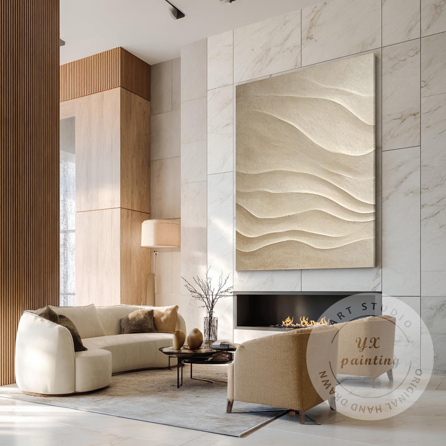 Hand Carved 3D Wood Abstract Wall Art, Neutral Beige Textured Wood Panel, Modern #3
