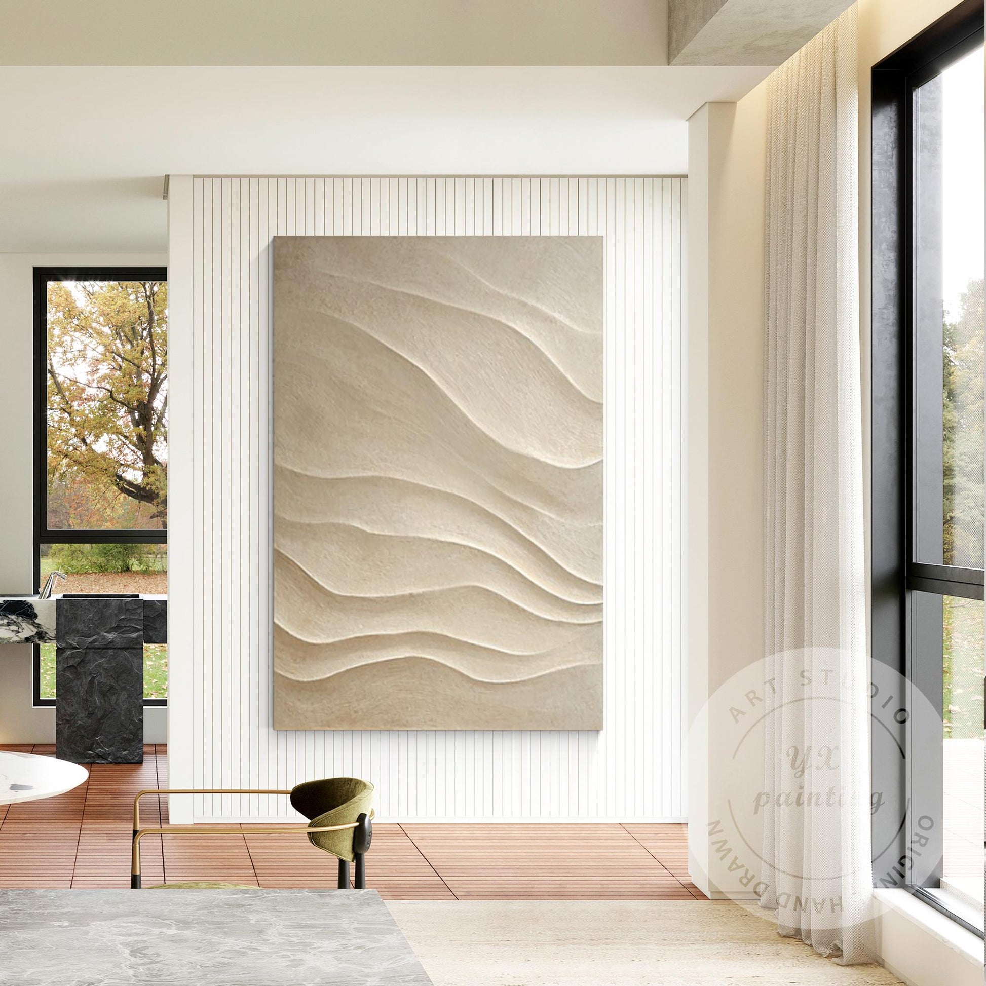 Hand Carved 3D Wood Abstract Wall Art, Neutral Beige Textured Wood Panel, Modern #4