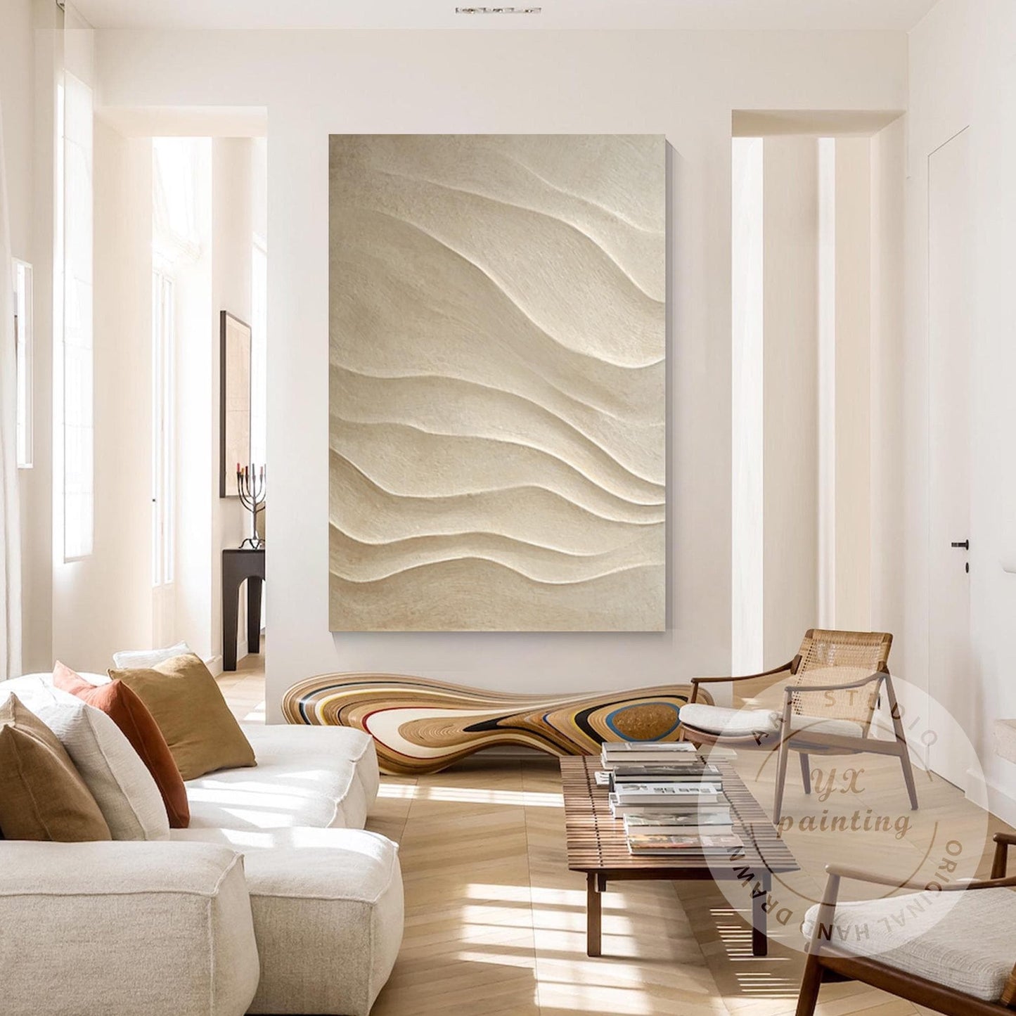 Hand Carved 3D Wood Abstract Wall Art, Neutral Beige Textured Wood Panel, Modern #5