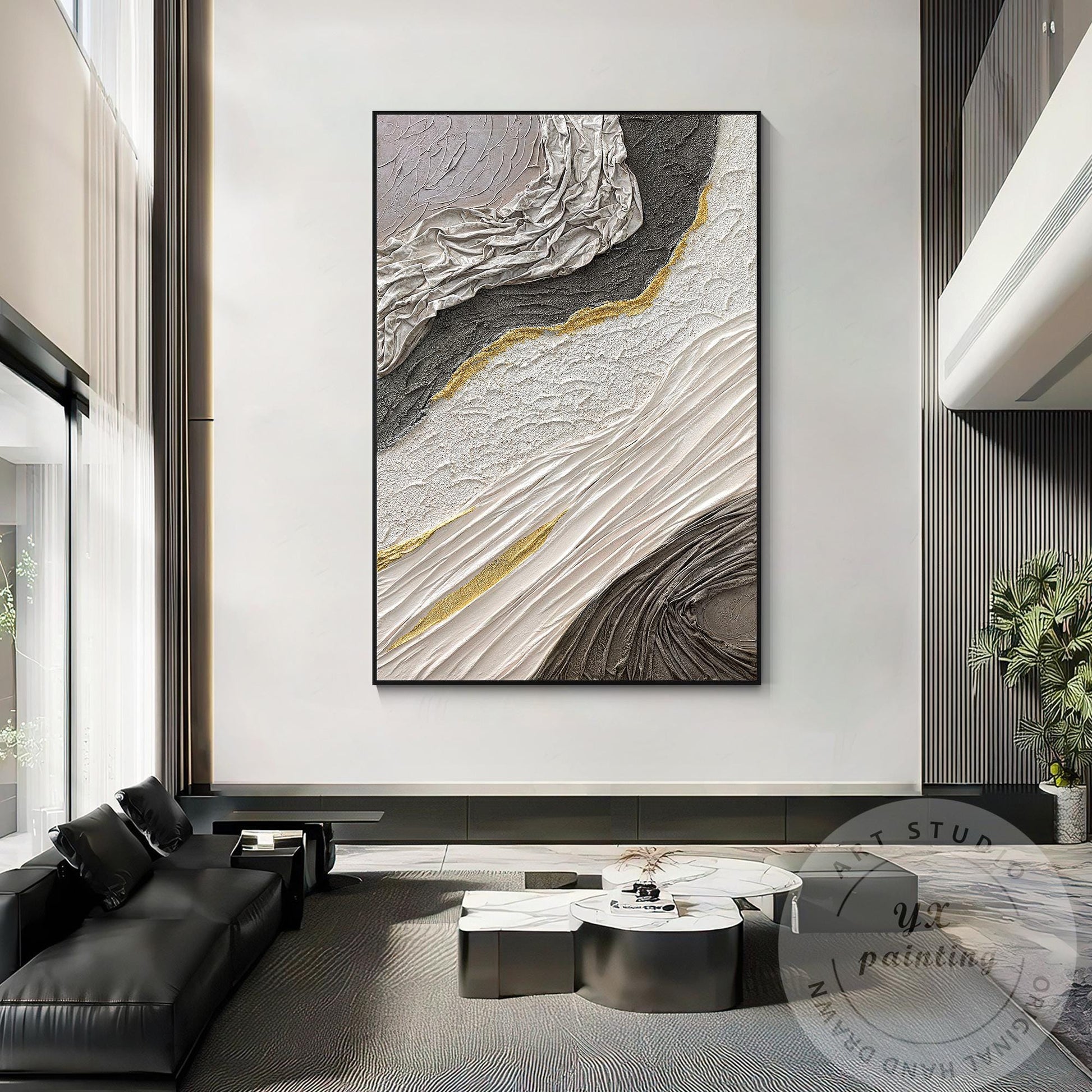 Hand-Painted 3D Texture Abstract Canvas Art: White, Black & Gold #2