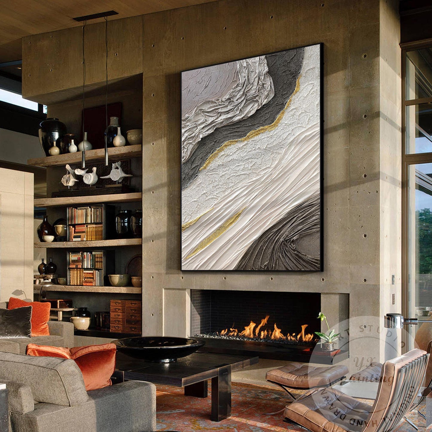 Hand-Painted 3D Texture Abstract Canvas Art: White, Black & Gold #3