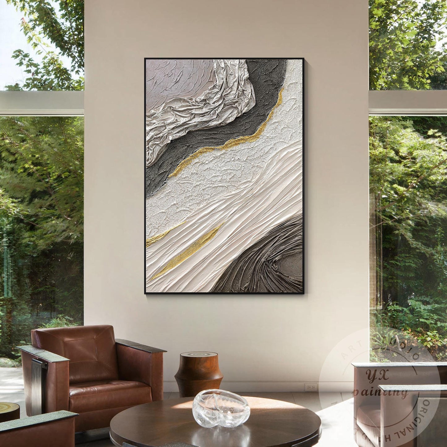 Hand-Painted 3D Texture Abstract Canvas Art: White, Black & Gold #4