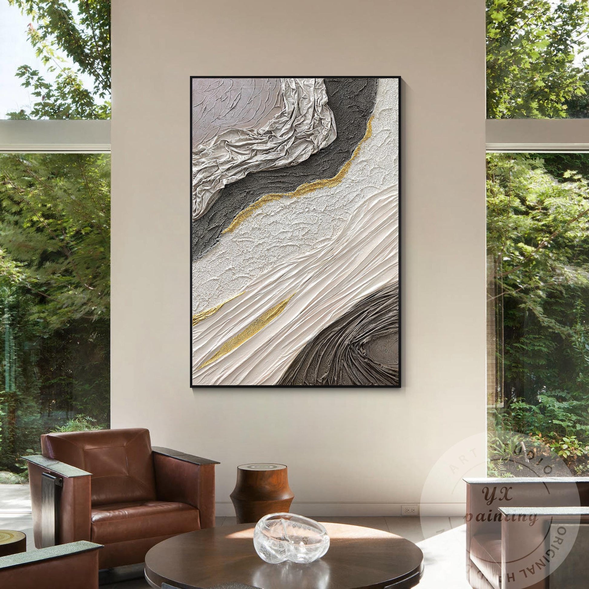 Hand-Painted 3D Texture Abstract Canvas Art: White, Black & Gold #4