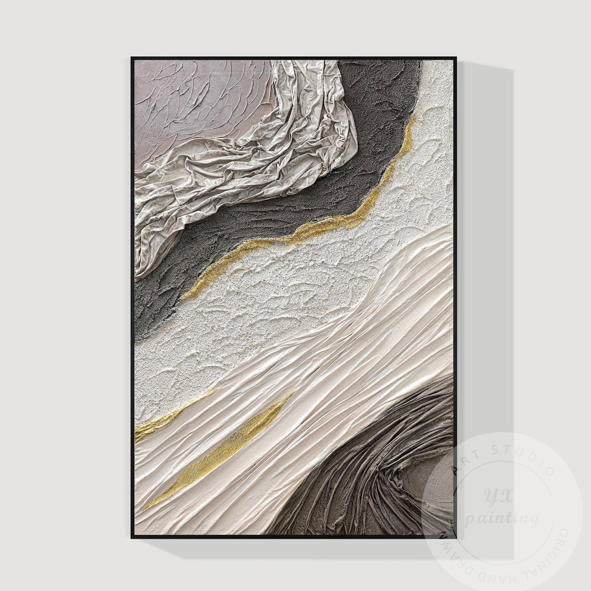 Hand-Painted 3D Texture Abstract Canvas Art: White, Black & Gold #5