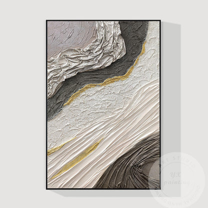 Hand-Painted 3D Texture Abstract Canvas Art: White, Black & Gold #5