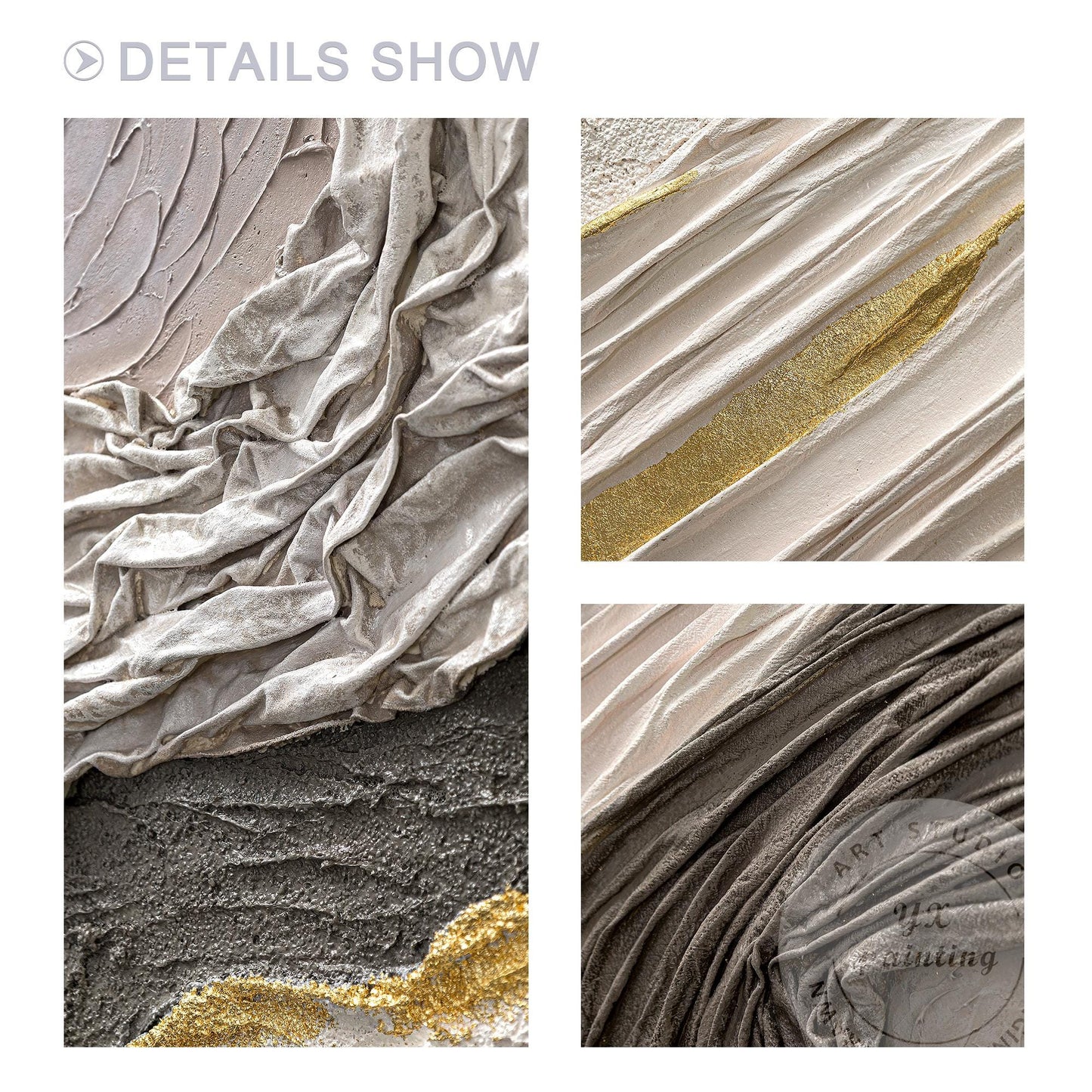 Hand-Painted 3D Texture Abstract Canvas Art: White, Black & Gold #6