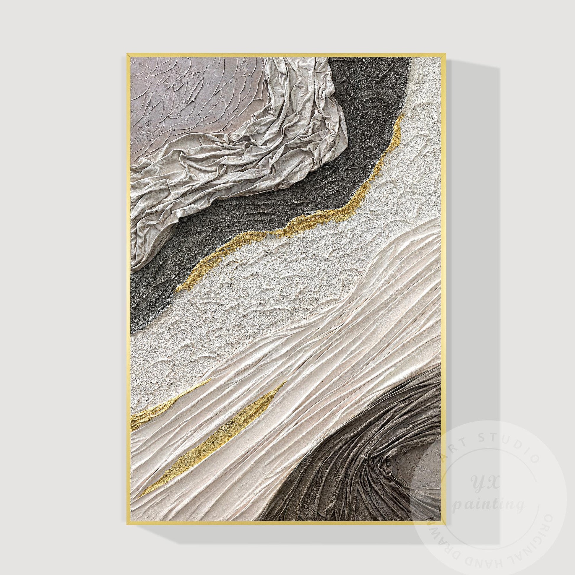 Hand-Painted 3D Texture Abstract Canvas Art: White, Black & Gold #7