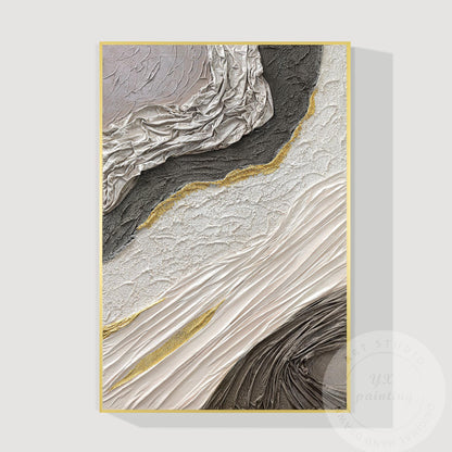 Hand-Painted 3D Texture Abstract Canvas Art: White, Black & Gold #7